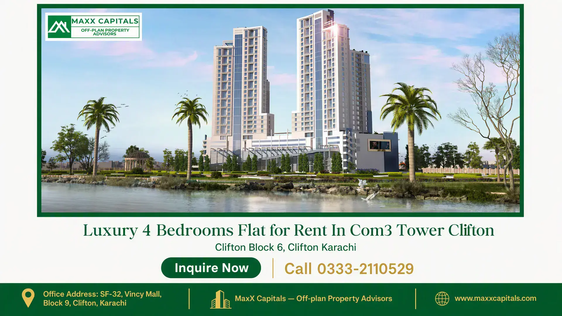 Luxury 4 Bedrooms Flat for Rent In Com3 Tower Clifton COM3 tower Clifton high-rise flat for rent, waterfront towers with landscaped grounds and palm-lined frontage