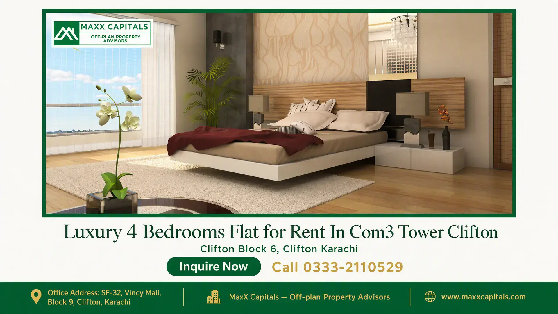 Luxury 4 Bedrooms Flat for Rent In Com3 Tower Clifton Luxury bedroom in a Flat for Rent in COM3 with wood headboard, balcony light, and modern bedside lamps