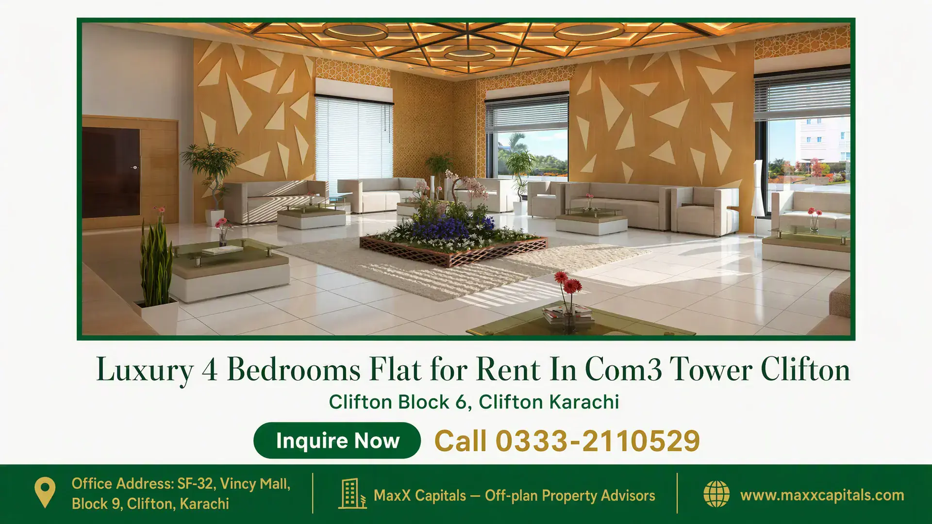 Luxury 4 Bedrooms Flat for Rent In Com3 Tower Clifton Luxury COM3 flat lobby with geometric wall panels, skylit ceiling, tiled floor, and seating zones