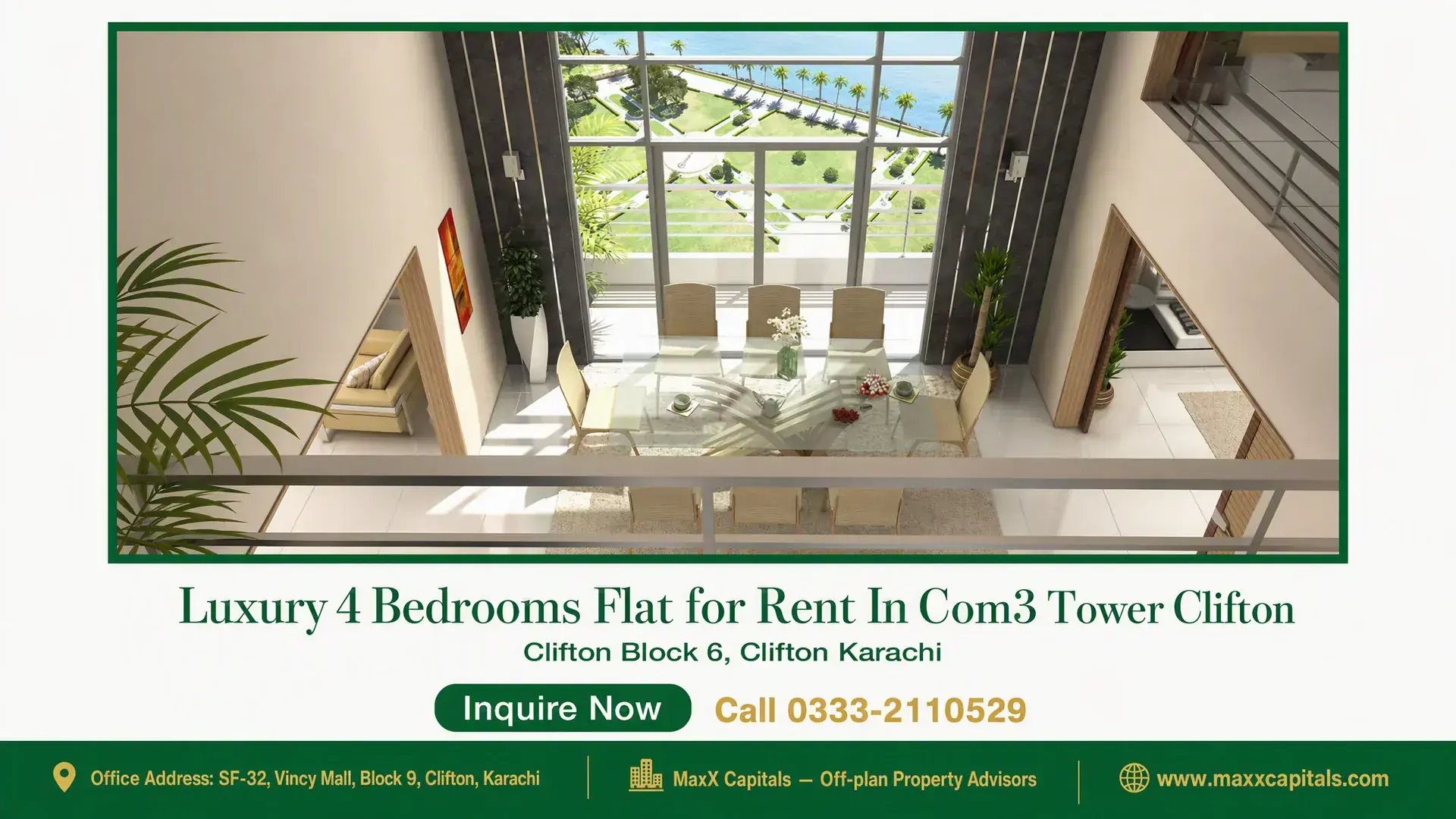 Luxury 4 Bedrooms Flat for Rent In Com3 Tower Clifton Double-height flat for rent in COM3 with glass dining area, staircase, and sea-view windows