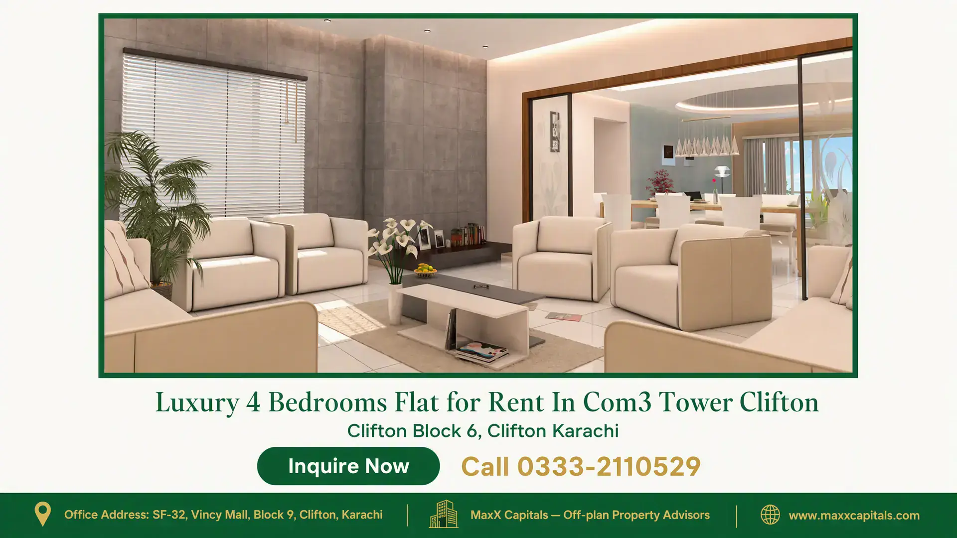Luxury 4 Bedrooms Flat for Rent In Com3 Tower Clifton Flat for Rent in COM3 living room with cream seating, large window blinds, and dining area view