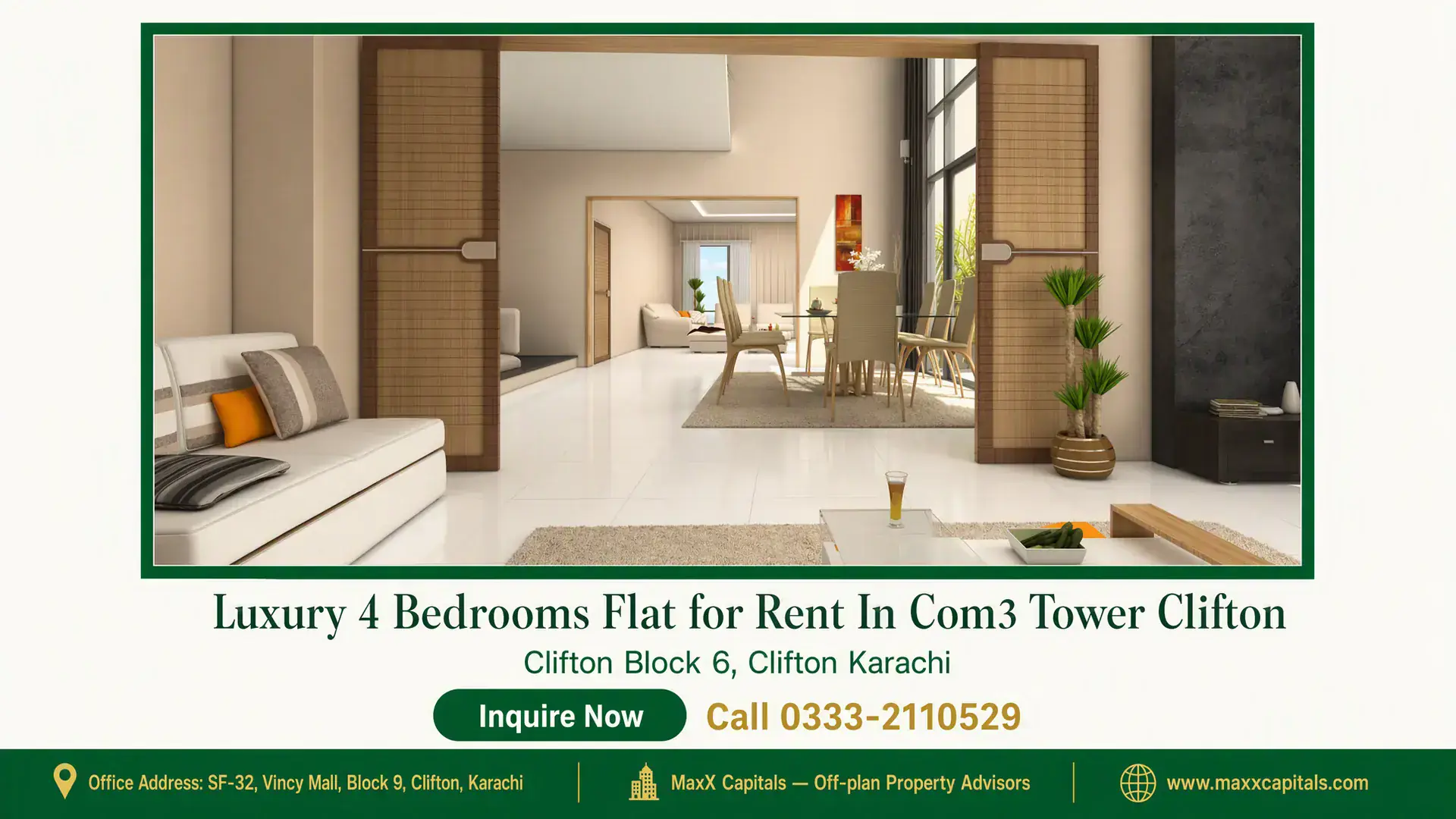 Luxury 4 Bedrooms Flat for Rent In Com3 Tower Clifton Spacious Flat for Rent in COM3 with open-plan lounge, dining area, large windows, and sleek finishes