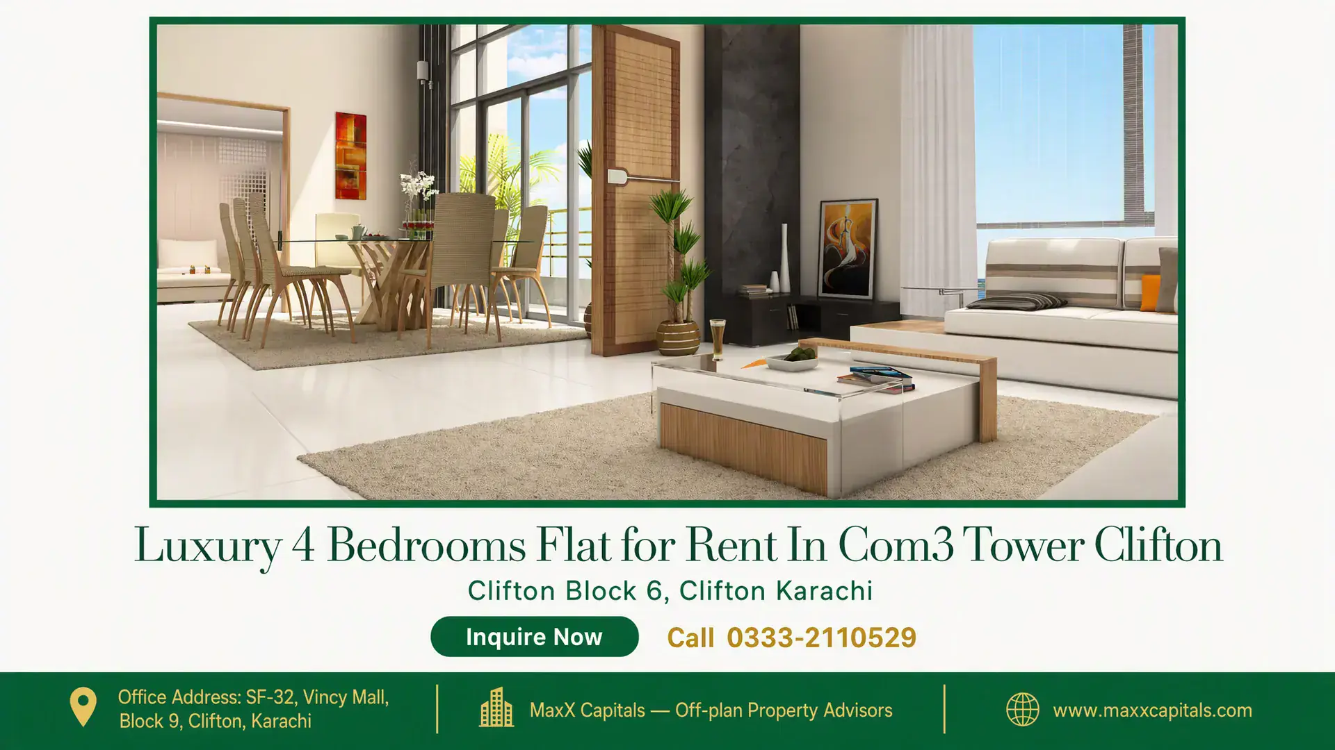Luxury 4 Bedrooms Flat for Rent In Com3 Tower Clifton Bright COM3 flat for rent in open-plan living and dining area with balcony windows and modern finishes
