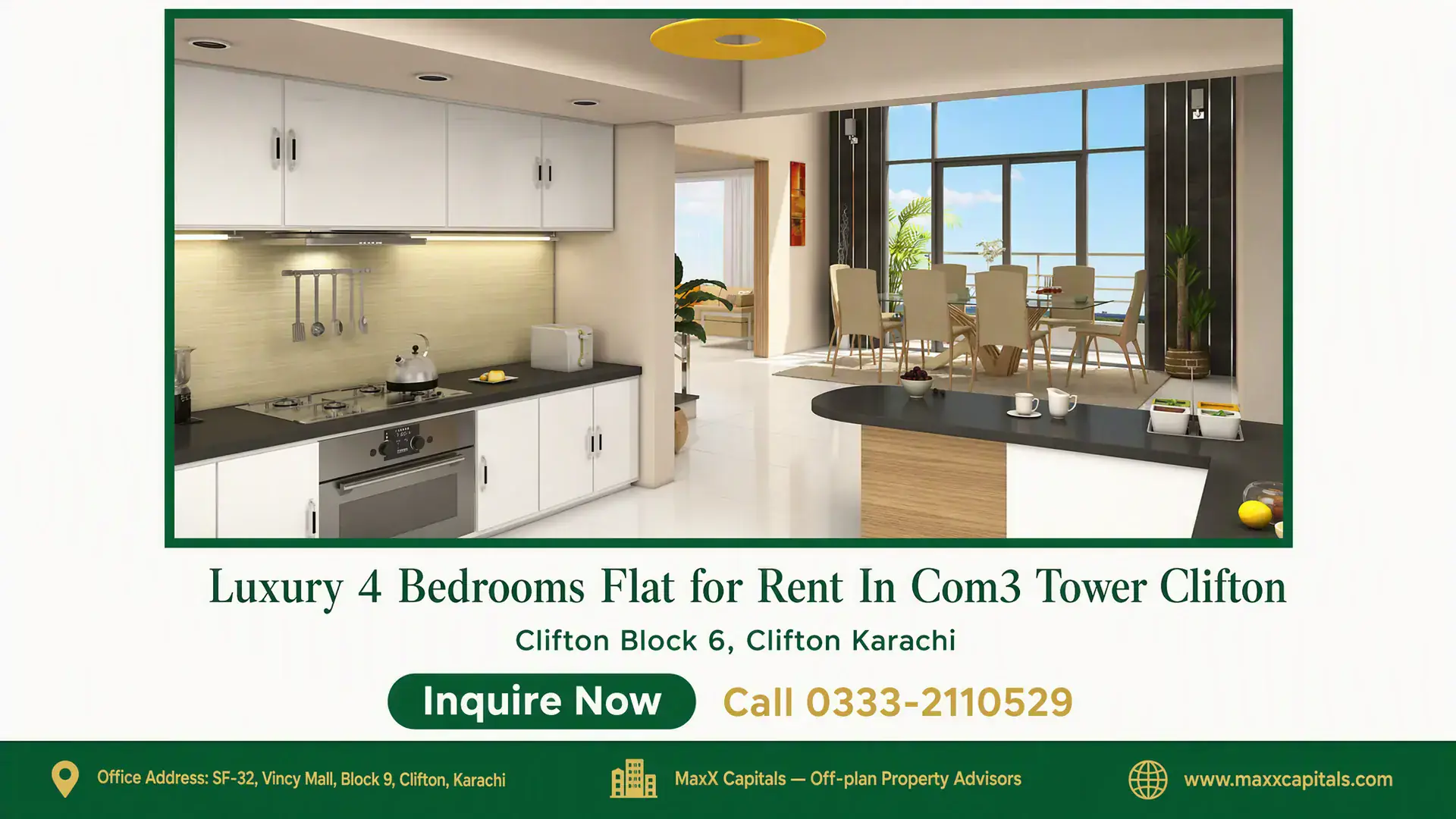 Luxury 4 Bedrooms Flat for Rent In Com3 Tower Clifton Flat for Rent in COM3 featuring a modern kitchen, open dining area, and large windows