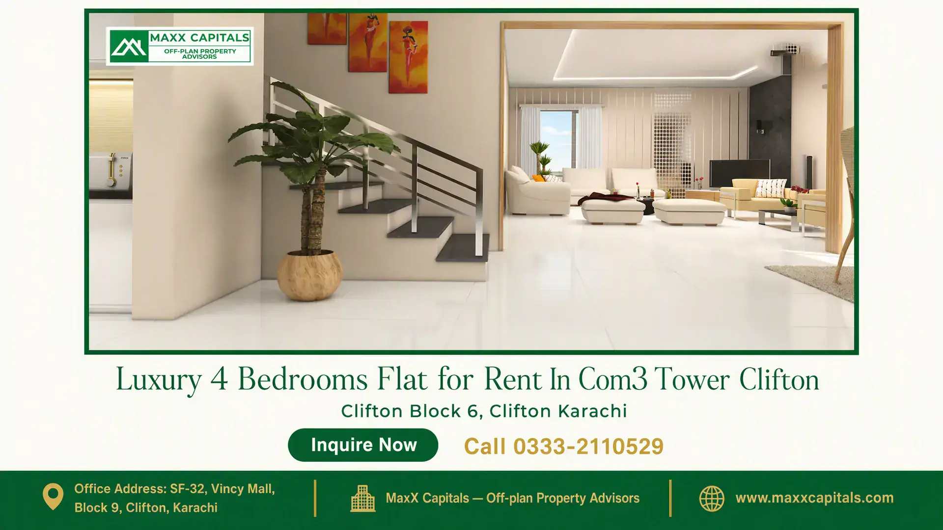 Luxury 4 Bedrooms Flat for Rent In Com3 Tower Clifton Modern, spacious flat interior in COM3 Tower Clifton featuring white flooring, a staircase, and a bright living area.