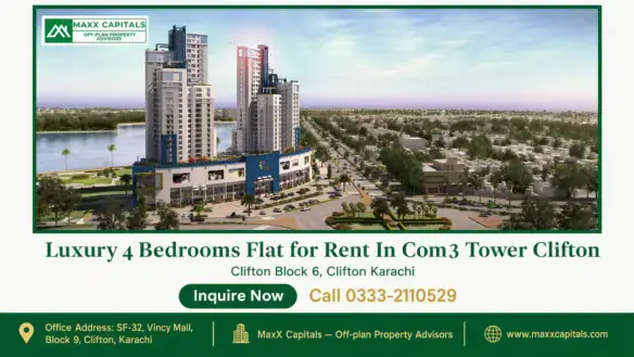 Flat for Rent In COM3 high-rise towers above a mixed-use podium with road frontage and waterfront views