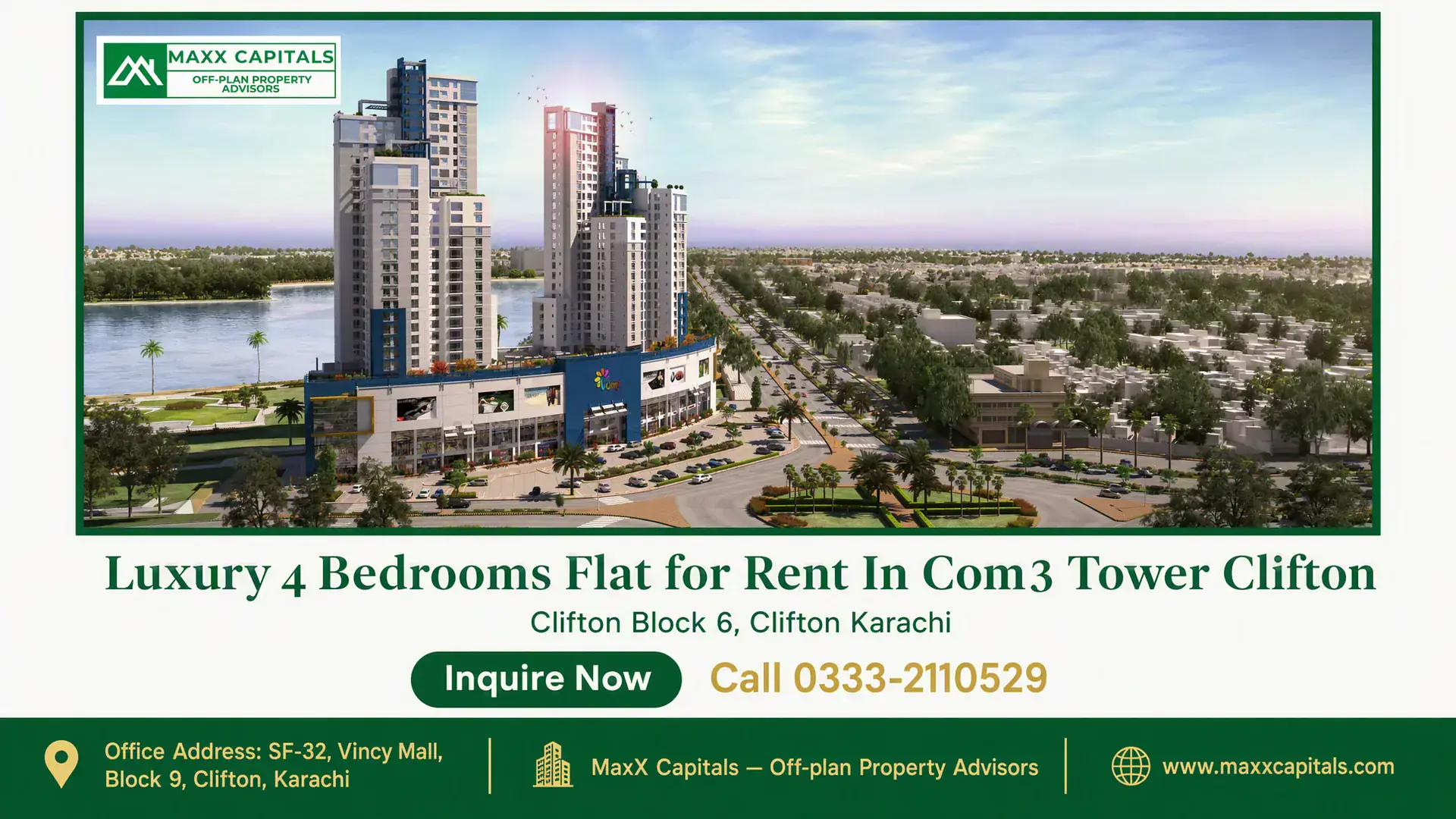 Luxury 4 Bedrooms Flat for Rent In Com3 Tower Clifton Flat for Rent In COM3 high-rise towers above a mixed-use podium with road frontage and waterfront views