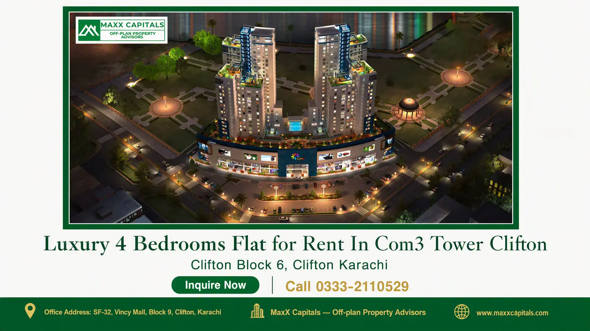 Luxury 4 Bedrooms Flat for Rent In Com3 Tower Clifton Nighttime aerial view of COM3 Tower Clifton with twin high-rise towers, podium retail, and landscaped grounds