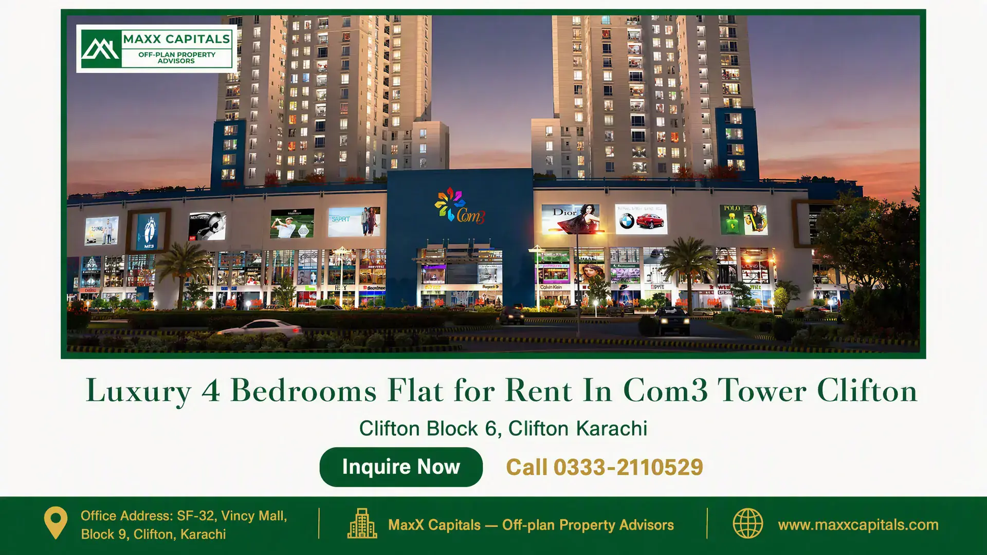 Luxury 4 Bedrooms Flat for Rent In Com3 Tower Clifton Flat for Rent in COM3 tower Clifton with high-rise facade, retail podium, and illuminated tower skyline