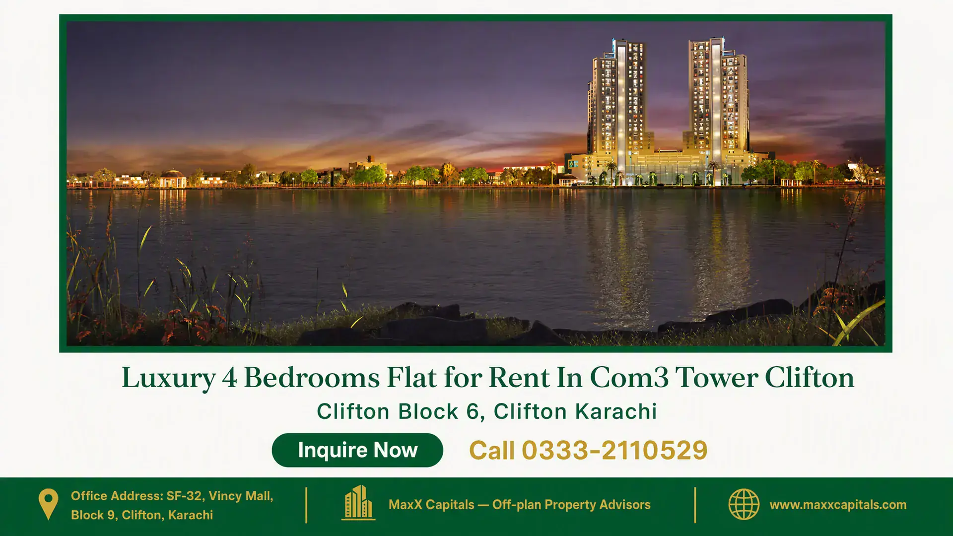 Luxury 4 Bedrooms Flat for Rent In Com3 Tower Clifton Flat for Rent in COM3, twin illuminated towers by waterfront at dusk with reflective skyline views