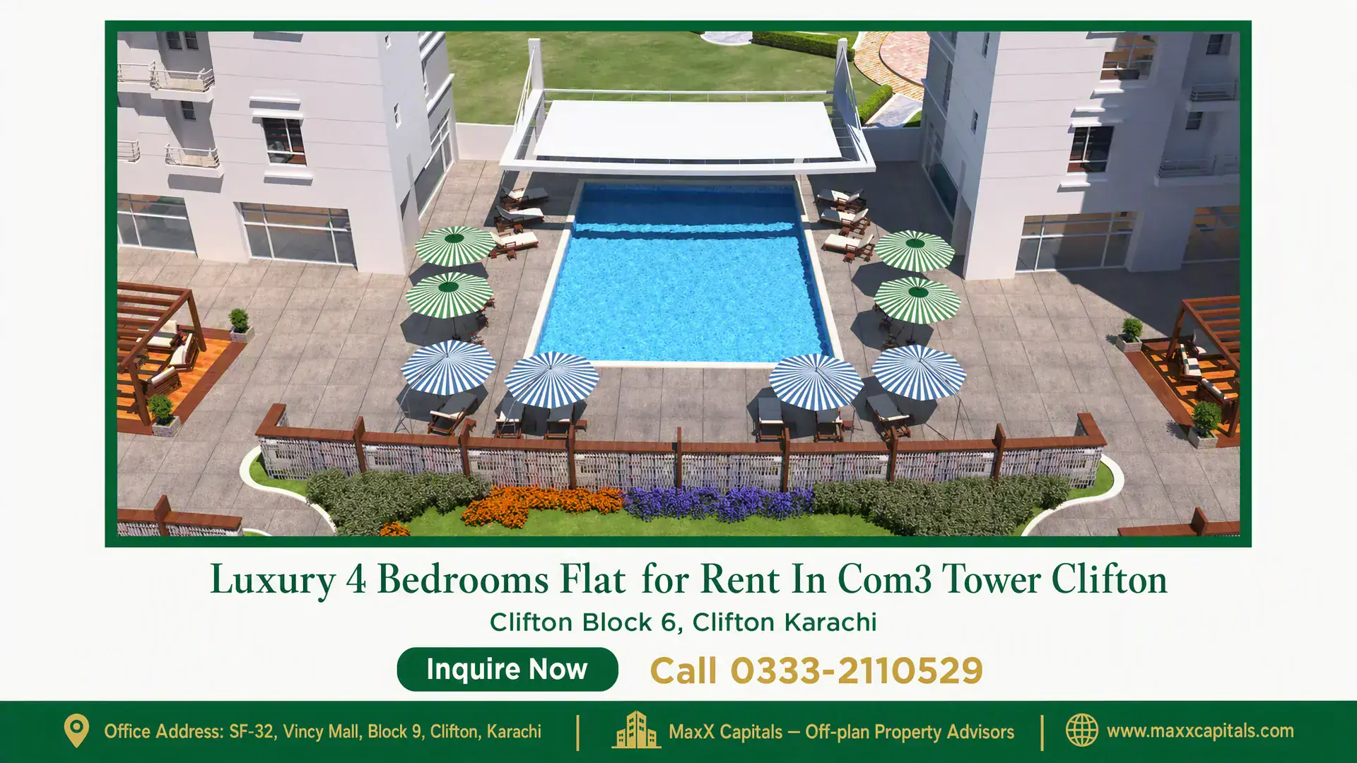 Luxury 4 Bedrooms Flat for Rent In Com3 Tower Clifton Flat for Rent In COM3 with central pool, sun umbrellas, and landscaped terrace between modern tower blocks