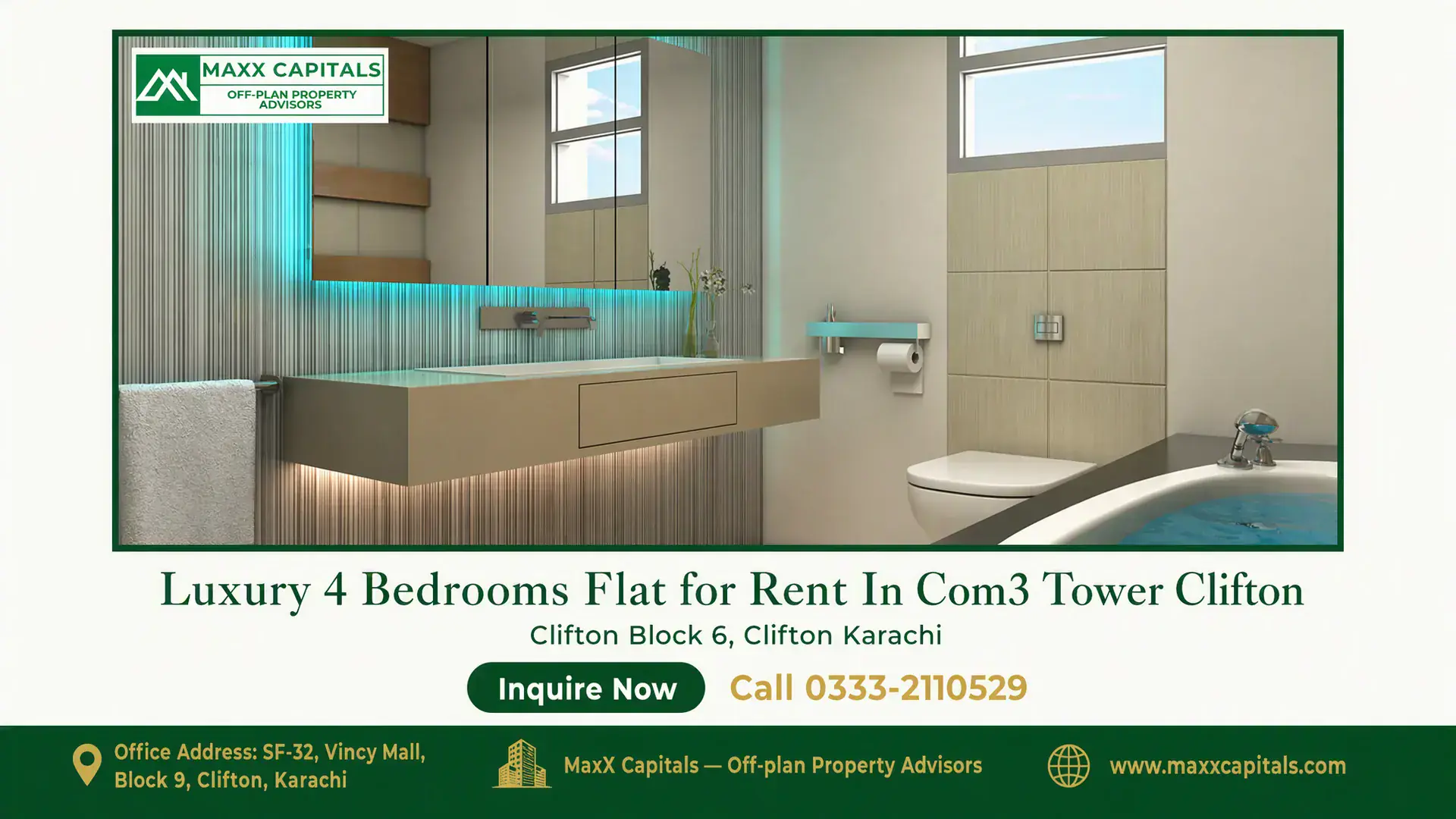 Luxury 4 Bedrooms Flat for Rent In Com3 Tower Clifton Modern COM3 flat for rent bathroom with floating vanity, LED mirror, tub and high windows