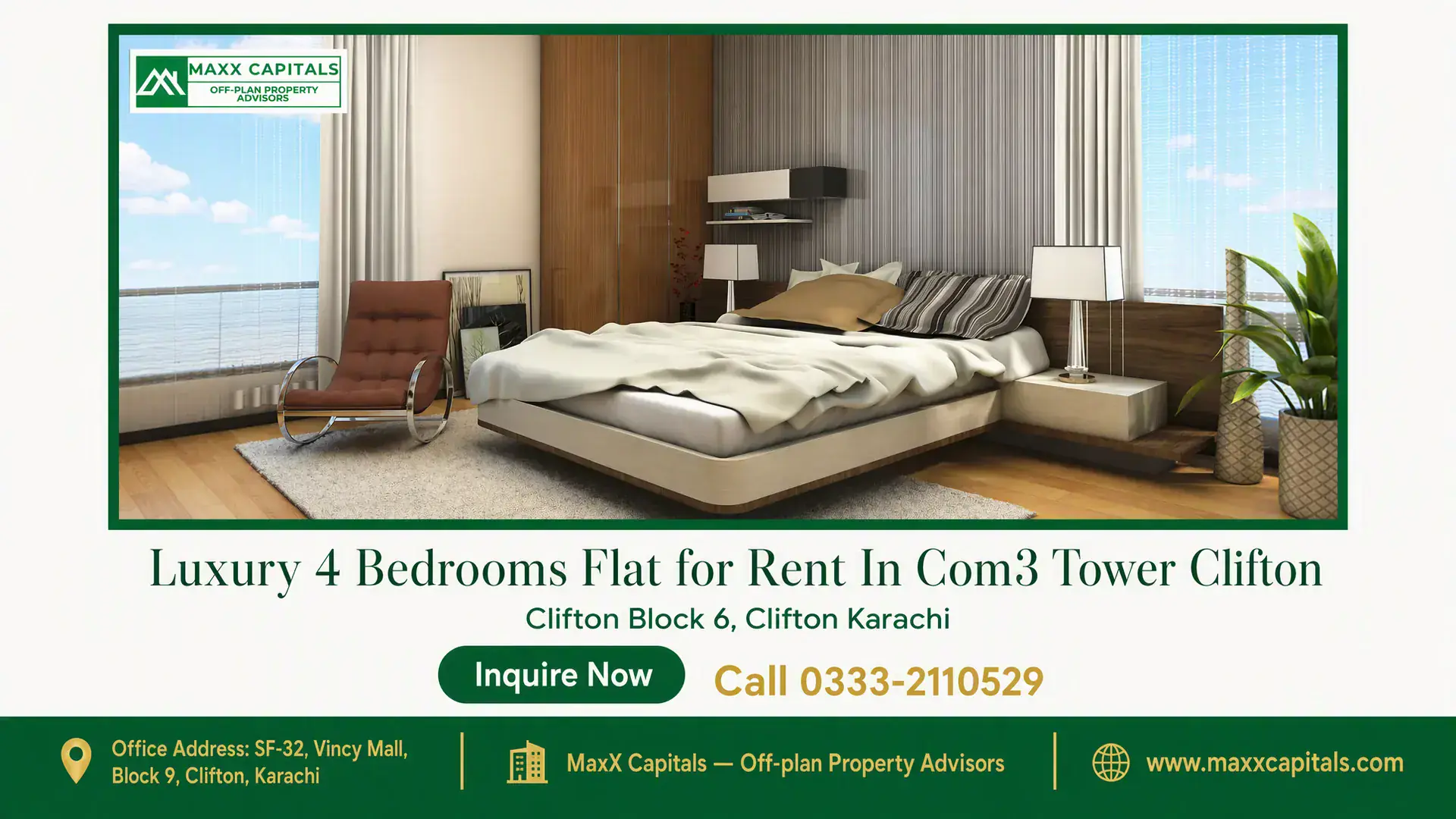Luxury 4 Bedrooms Flat for Rent In Com3 Tower Clifton Flat for rent in COM3 master bedroom with sea-view windows, wood paneling, and modern bedside lighting