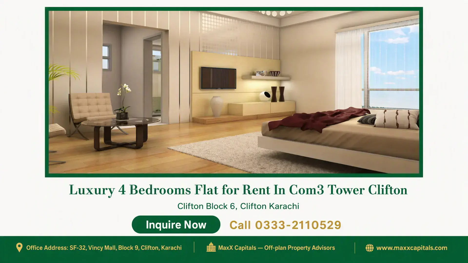 Luxury 4 Bedrooms Flat for Rent In Com3 Tower Clifton Spacious Flat for Rent In COM3 bedroom with large window, wood flooring, and modern built-in shelving