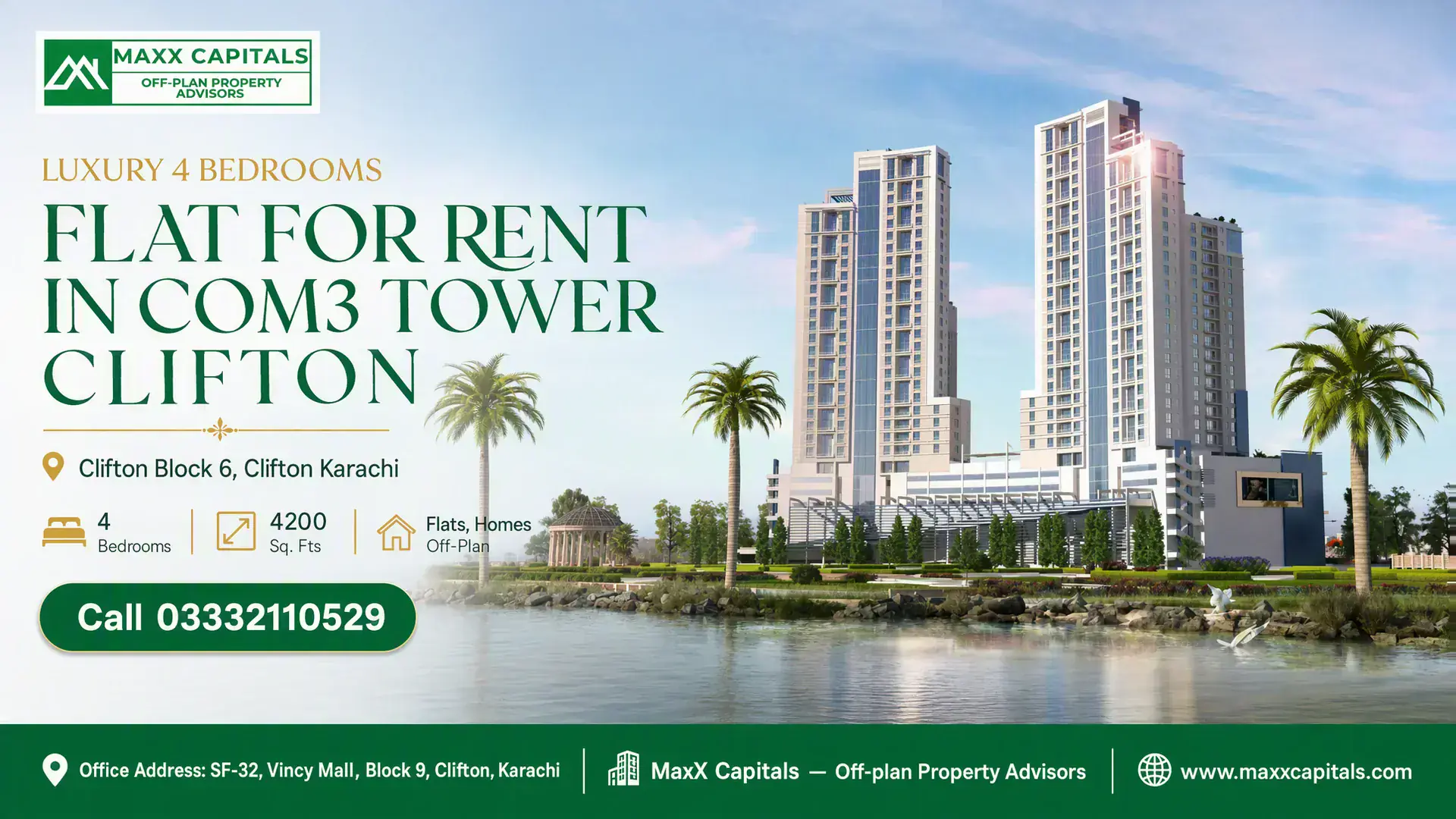 Luxury 4 Bedrooms Flat for Rent In Com3 Tower Clifton Flat for Rent in COM3 Tower Clifton luxury high-rise towers with waterfront setting and landscaped podium