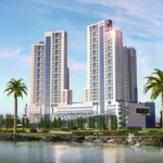 Com3 Tower Clifton Exterior: Twin Modern High-Rise Towers With Connecting Base, Palm Trees, Landscaped Gardens, And Waterfron
