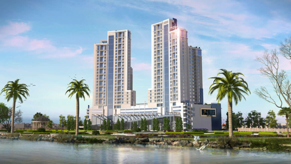 Com3 Tower Clifton Exterior: Twin Modern High-Rise Towers With Connecting Base, Palm Trees, Landscaped Gardens, And Waterfron