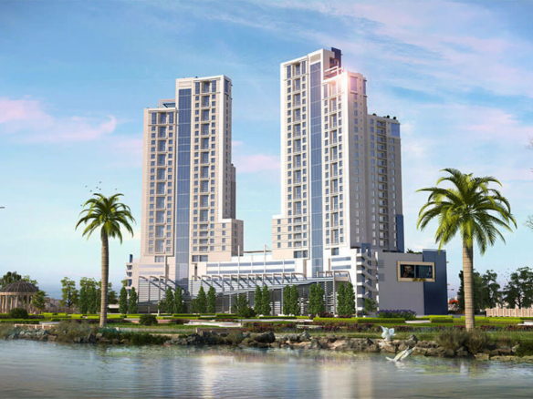 Com3 Tower Clifton Exterior: Twin Modern High-Rise Towers With Connecting Base, Palm Trees, Landscaped Gardens, And Waterfron