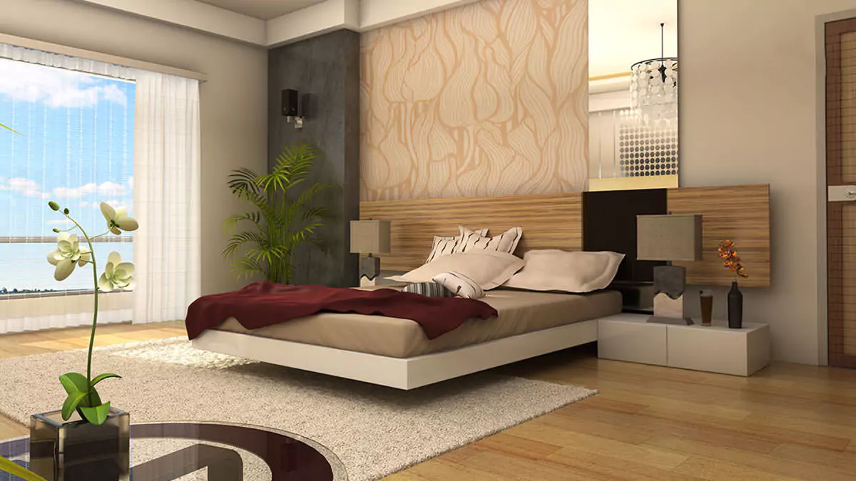Luxury Living 4 Bedrooms Flat for Rent In COM3 Tower Clifton Block 6 Karachi (10) Luxurious master bedroom in 4-bedroom flat for rent in Com3 Tower Clifton, king bed with ocean view, modern beige wallpaper,