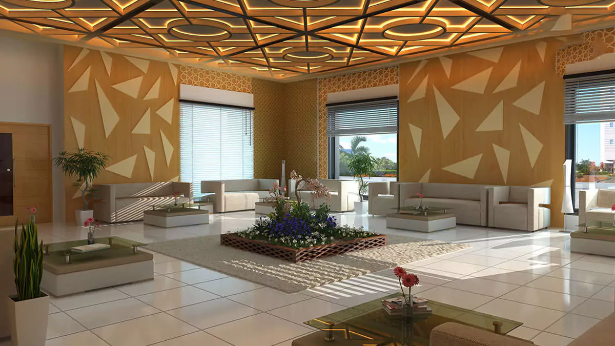 Luxury Living 4 Bedrooms Flat for Rent In COM3 Tower Clifton Block 6 Karachi (11) Elegant lounge in luxury 4-bedroom flat for rent in Com3 Tower Clifton: geometric beige walls, plush cream sofas, central flo