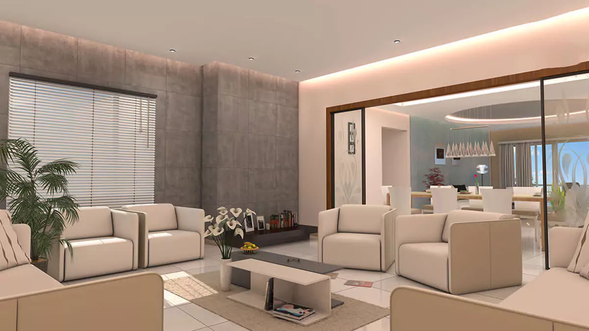 Luxury Living 4 Bedrooms Flat for Rent In COM3 Tower Clifton Block 6 Karachi (13) Spacious living room in luxury 4-bedroom flat for rent in COM3 Tower Clifton with modern beige sofas, coffee table, plants, a