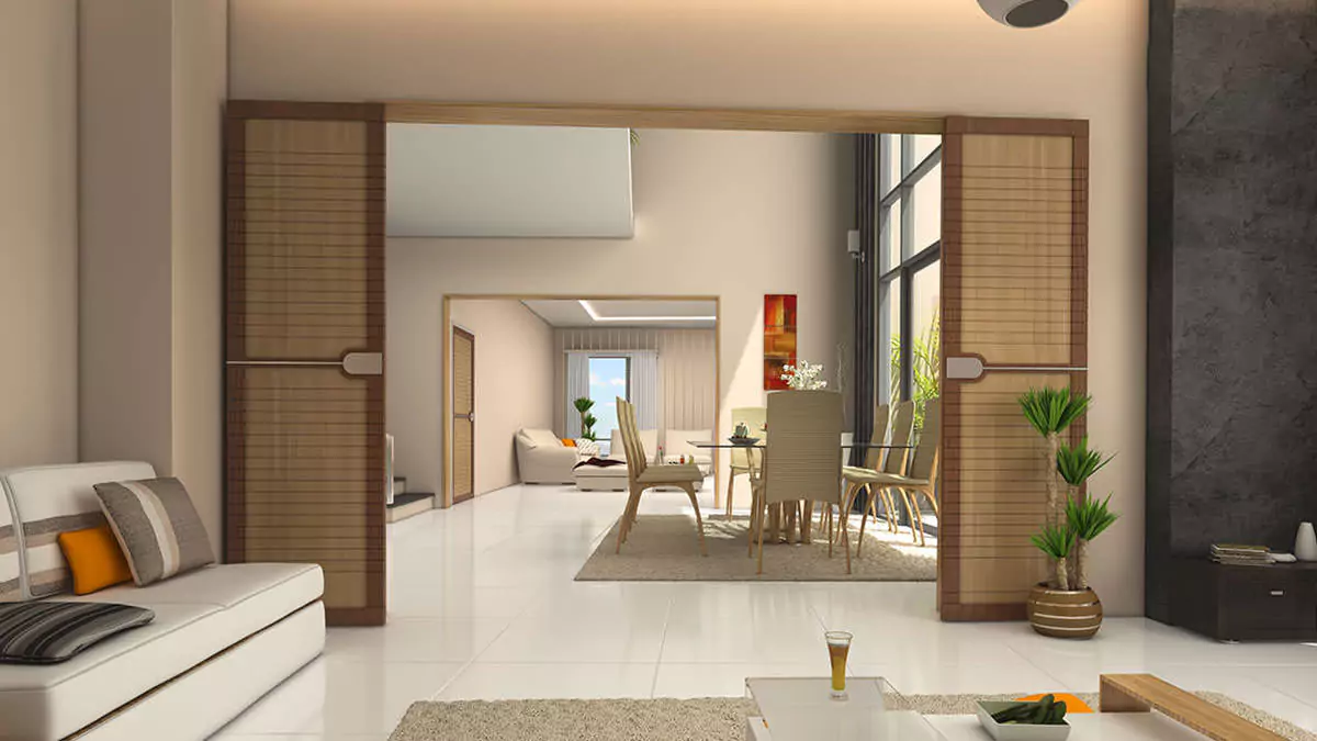 Luxury Living 4 Bedrooms Flat for Rent In COM3 Tower Clifton Block 6 Karachi (14) Spacious open-plan living and dining area in luxury 4-bedroom flat for rent in COM3 Tower Clifton, modern white sofa, dining