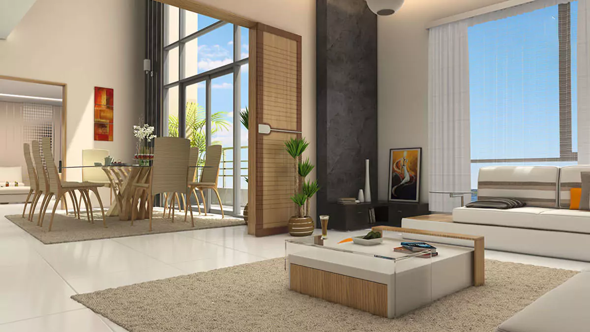 Luxury Living 4 Bedrooms Flat for Rent In COM3 Tower Clifton Block 6 Karachi (15) Spacious living and dining area in luxury 4-bedroom flat for rent in COM3 Tower Clifton, with sea-view balcony and modern fur