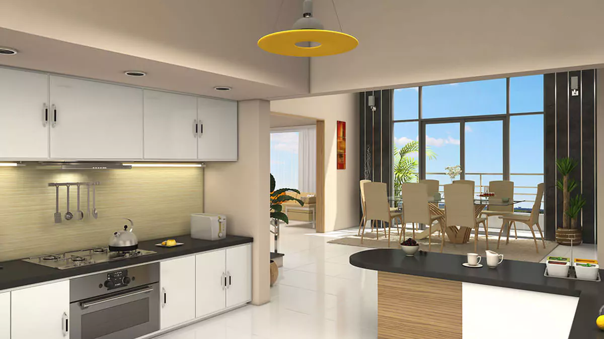 Luxury Living 4 Bedrooms Flat for Rent In COM3 Tower Clifton Block 6 Karachi (16) Modern kitchen and dining area in luxury 4-bedroom flat for rent in COM3 Tower Clifton with white cabinets, black counters, p