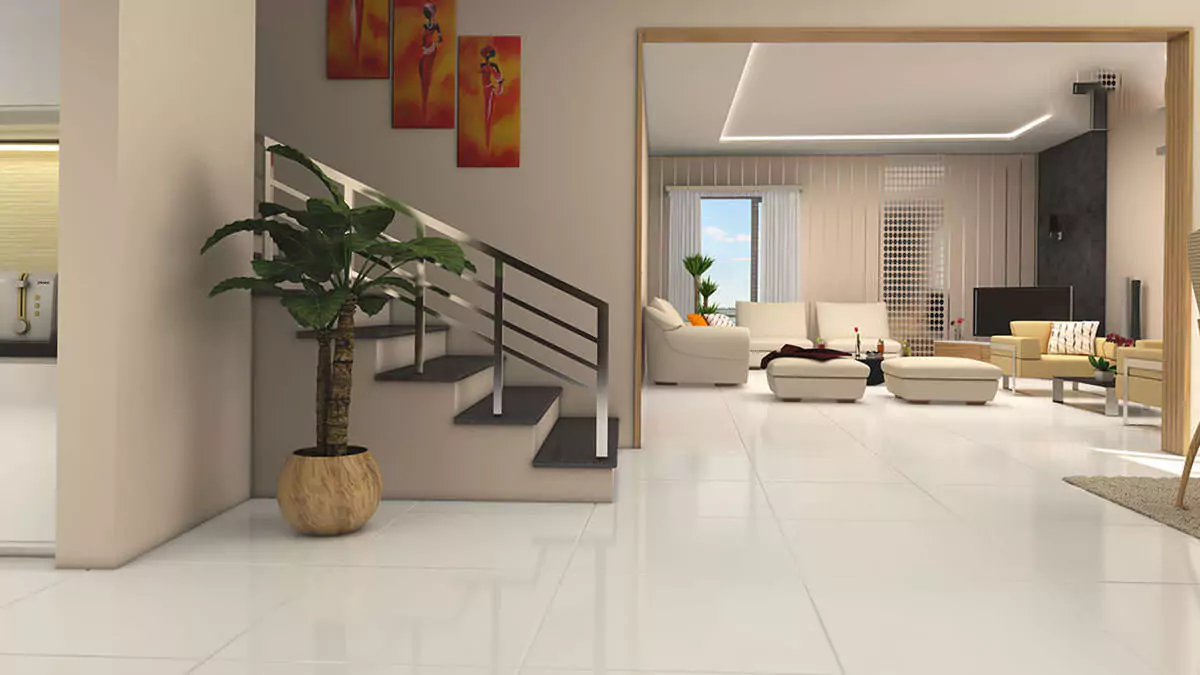 Luxury Living 4 Bedrooms Flat for Rent In COM3 Tower Clifton Block 6 Karachi (17) Spacious living room in luxury 4-bedroom flat for rent in COM3 Tower Clifton with modern staircase, white sofas, artwork, pla