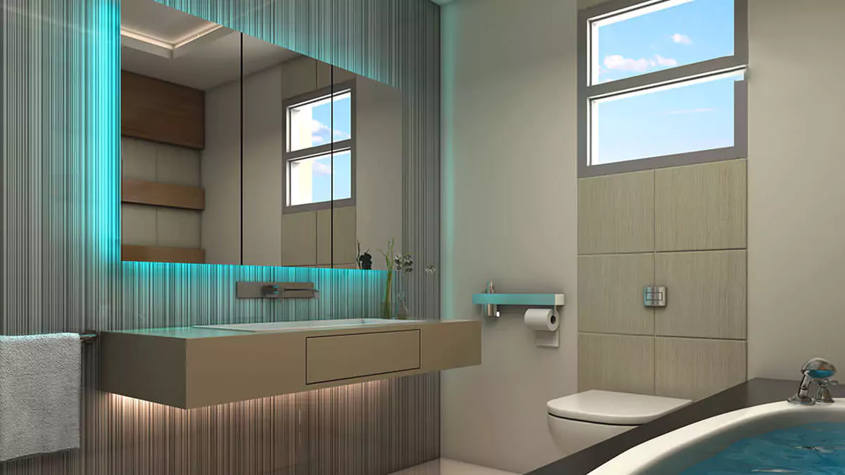 Luxury Living 4 Bedrooms Flat for Rent In COM3 Tower Clifton Block 6 Karachi (7) Modern bathroom in luxury 4-bedroom flat for rent in COM3 Tower Clifton with floating vanity, LED-backlit mirror, bathtub, to