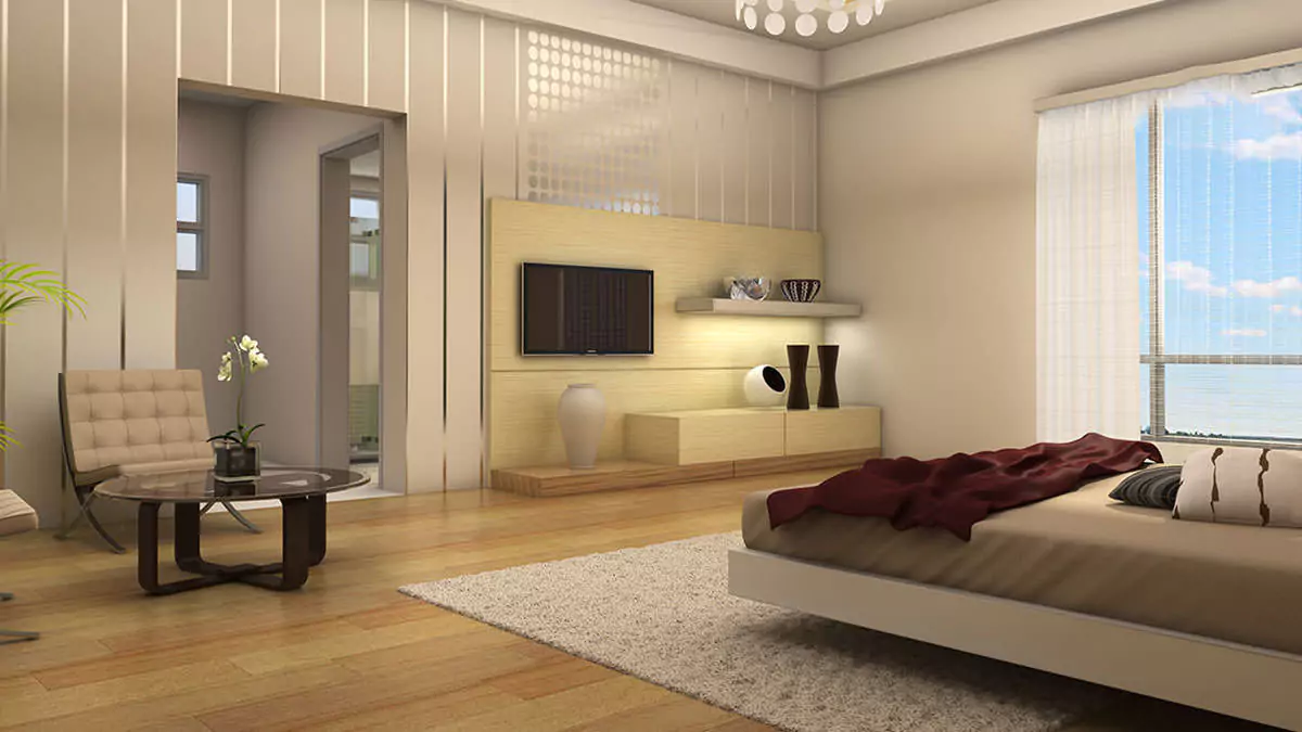 Luxury Living 4 Bedrooms Flat for Rent In COM3 Tower Clifton Block 6 Karachi (9) Spacious luxury bedroom in 4-bedroom flat for rent in COM3 Tower Clifton with king bed, sea view windows, wall TV unit, armch