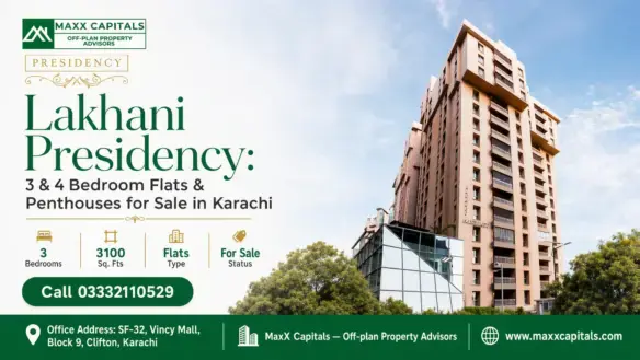 High-Rise Residential Building Of Lakhani Presidency In Karachi With Modern Glass Façade And Adjacent Greenery.
