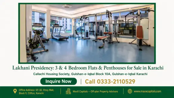 Modern gym facility with advanced fitness equipment at Lakhani Presidency in Karachi, featuring spacious interiors and glass