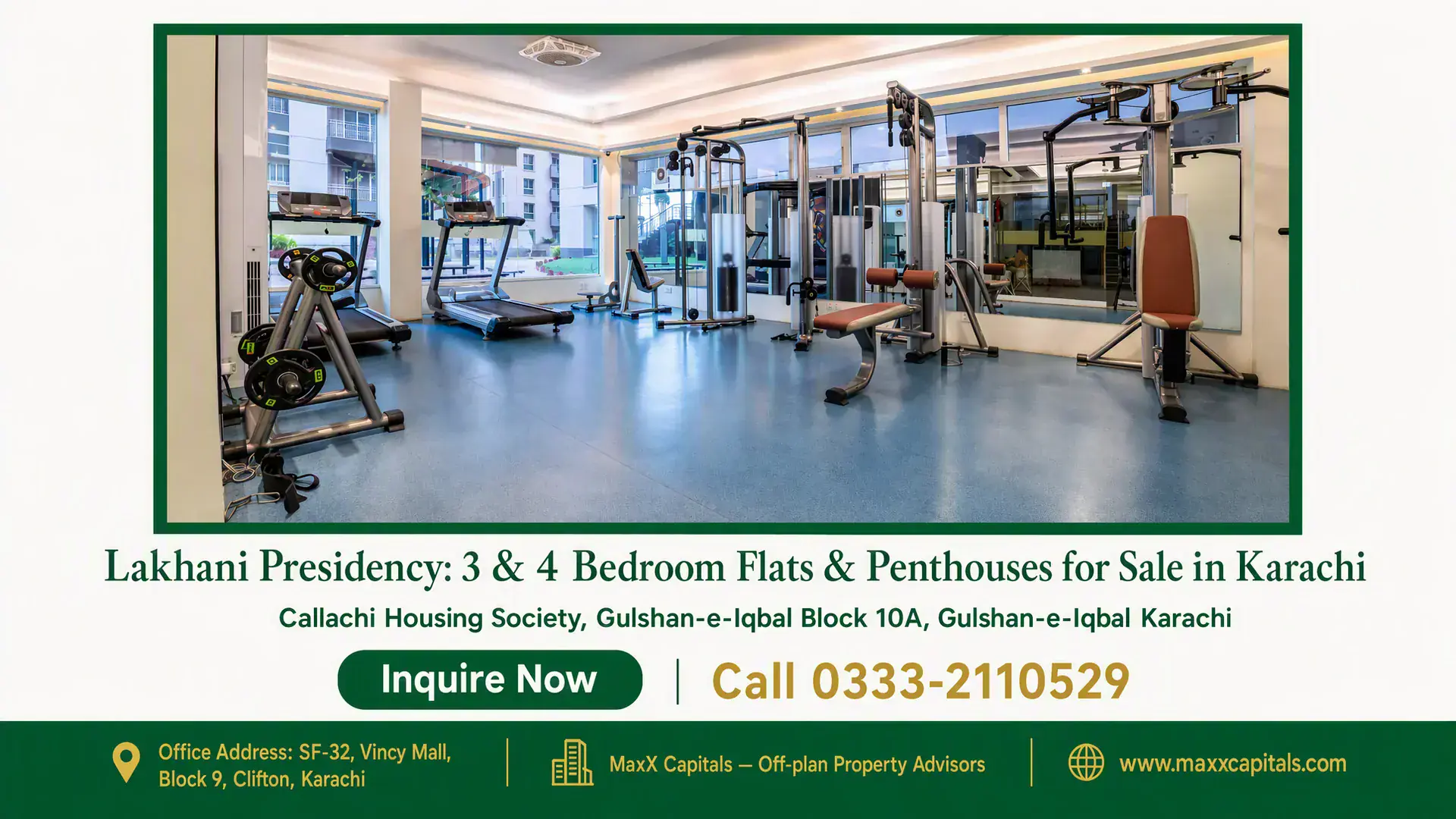 Lakhani Presidency: 3 & 4 Bedroom Flats & Penthouses for Sale in Karachi Modern gym facility with advanced fitness equipment at Lakhani Presidency in Karachi, featuring spacious interiors and glass