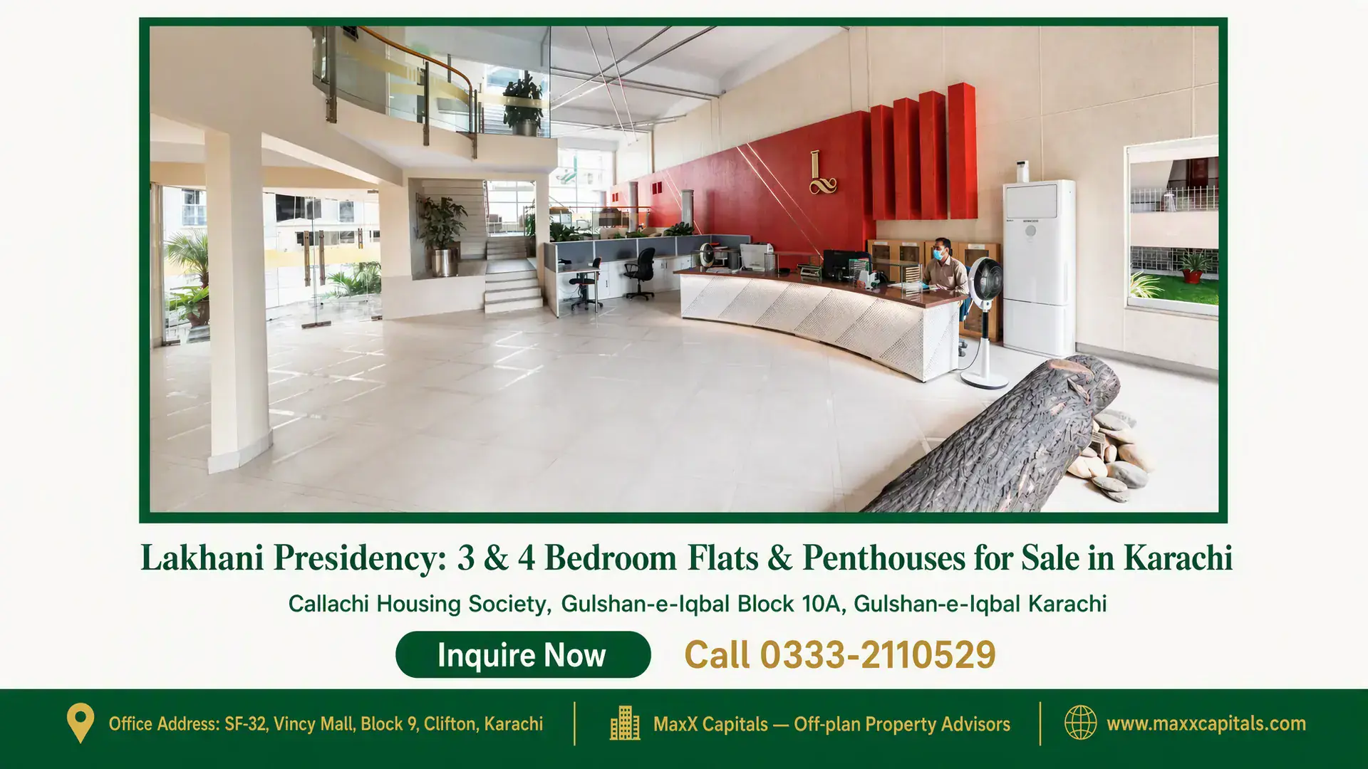 Lakhani Presidency: 3 & 4 Bedroom Flats & Penthouses for Sale in Karachi Spacious contemporary lobby at Lakhani Presidency with modern reception area, red accent wall, glass railings, and natural li