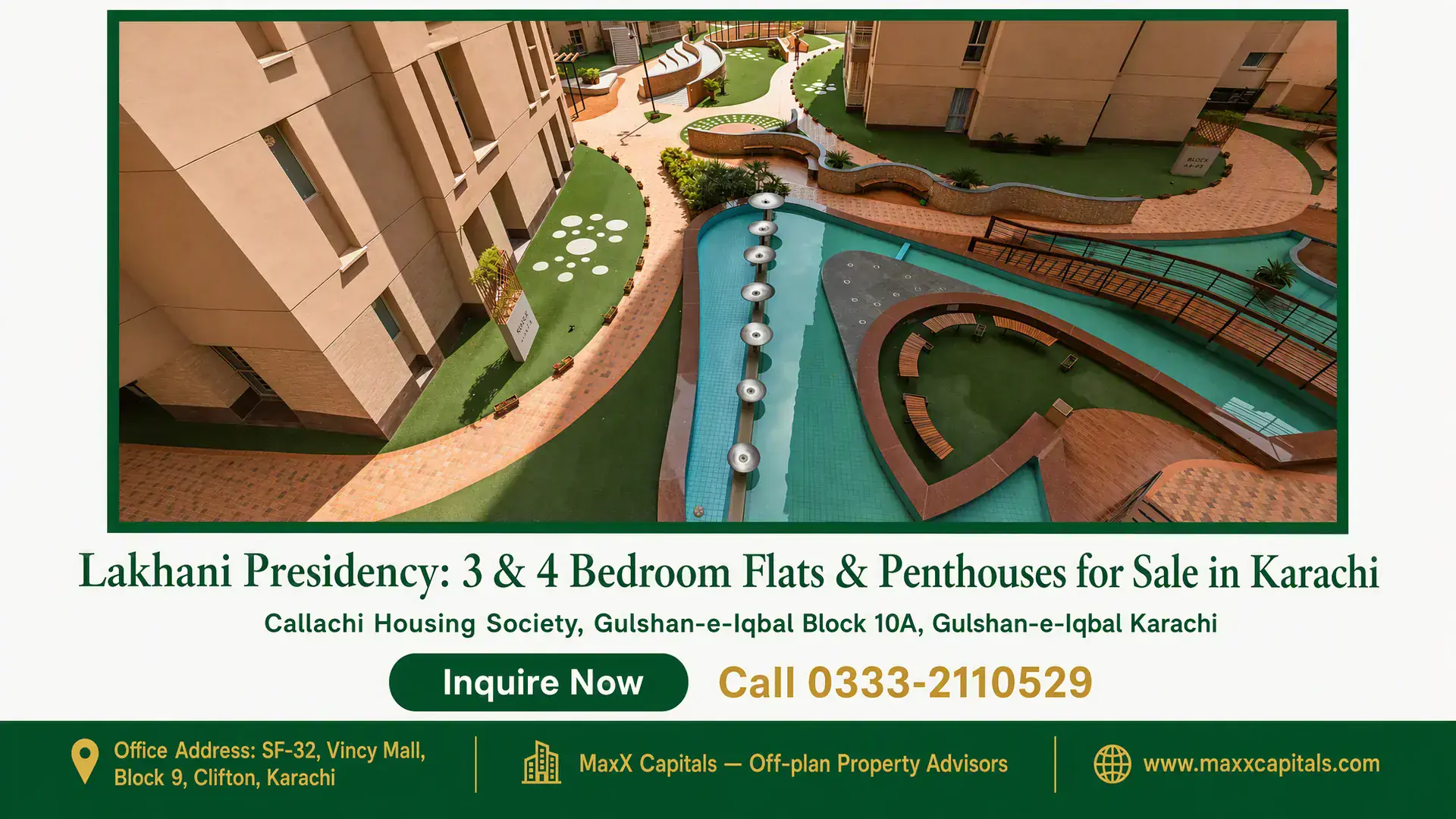 Lakhani Presidency: 3 & 4 Bedroom Flats & Penthouses for Sale in Karachi Elegant courtyard with landscaped pathways, modern water features, and seating at Lakhani Presidency in Karachi.