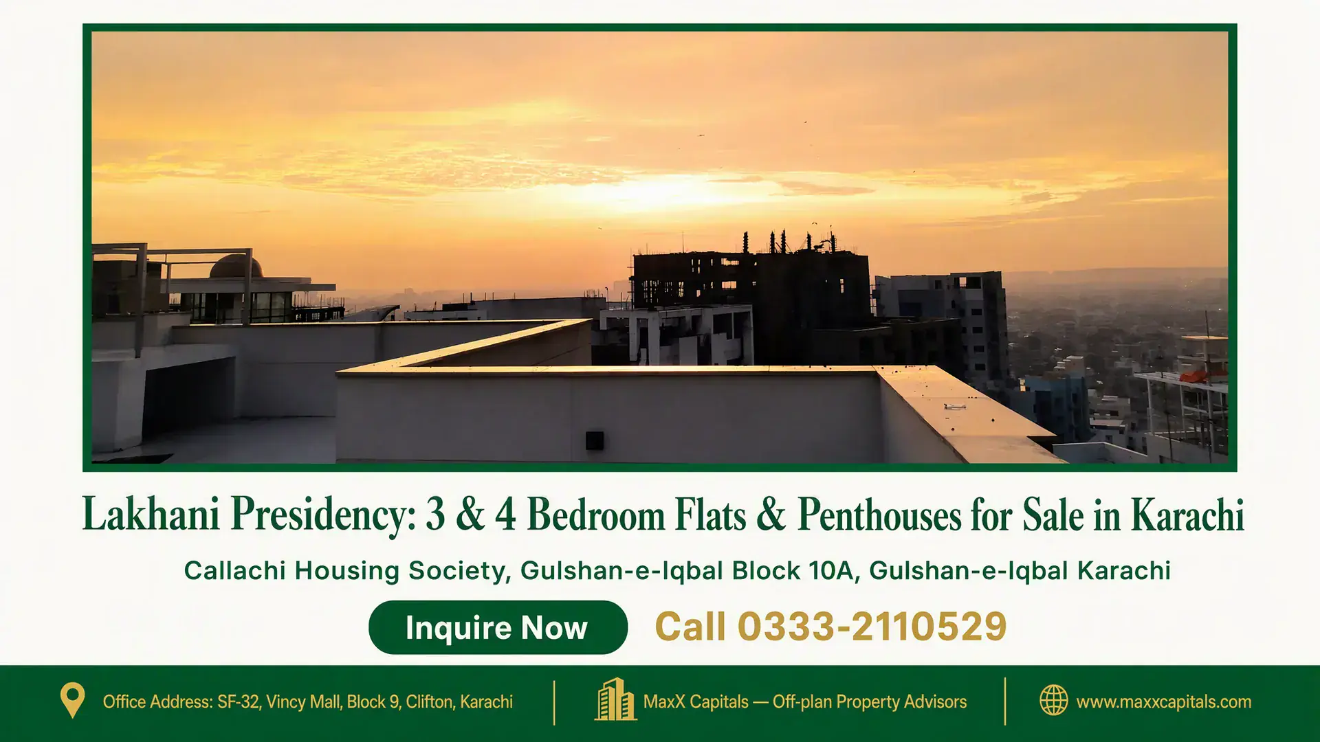 Lakhani Presidency: 3 & 4 Bedroom Flats & Penthouses for Sale in Karachi Sunset view over modern flat rooftops at Lakhani Presidency in Karachi, with a cityscape backdrop.