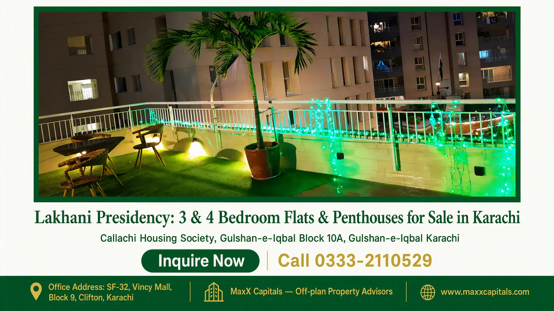 Lakhani Presidency: 3 & 4 Bedroom Flats & Penthouses for Sale in Karachi Illuminated balcony at Lakhani Presidency in Karachi with artificial grass, modern outdoor seating, and ambient lighting.