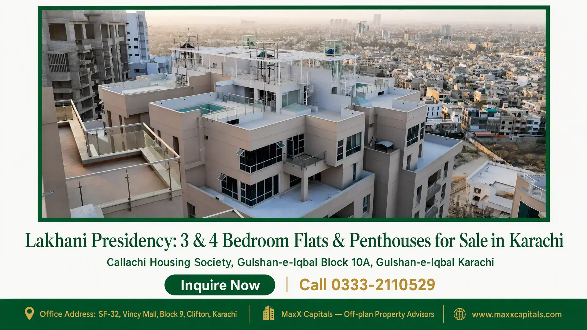 Lakhani Presidency: 3 & 4 Bedroom Flats & Penthouses for Sale in Karachi Modern beige-toned luxury apartments at Lakhani Presidency in Karachi with spacious terraces and panoramic city views.