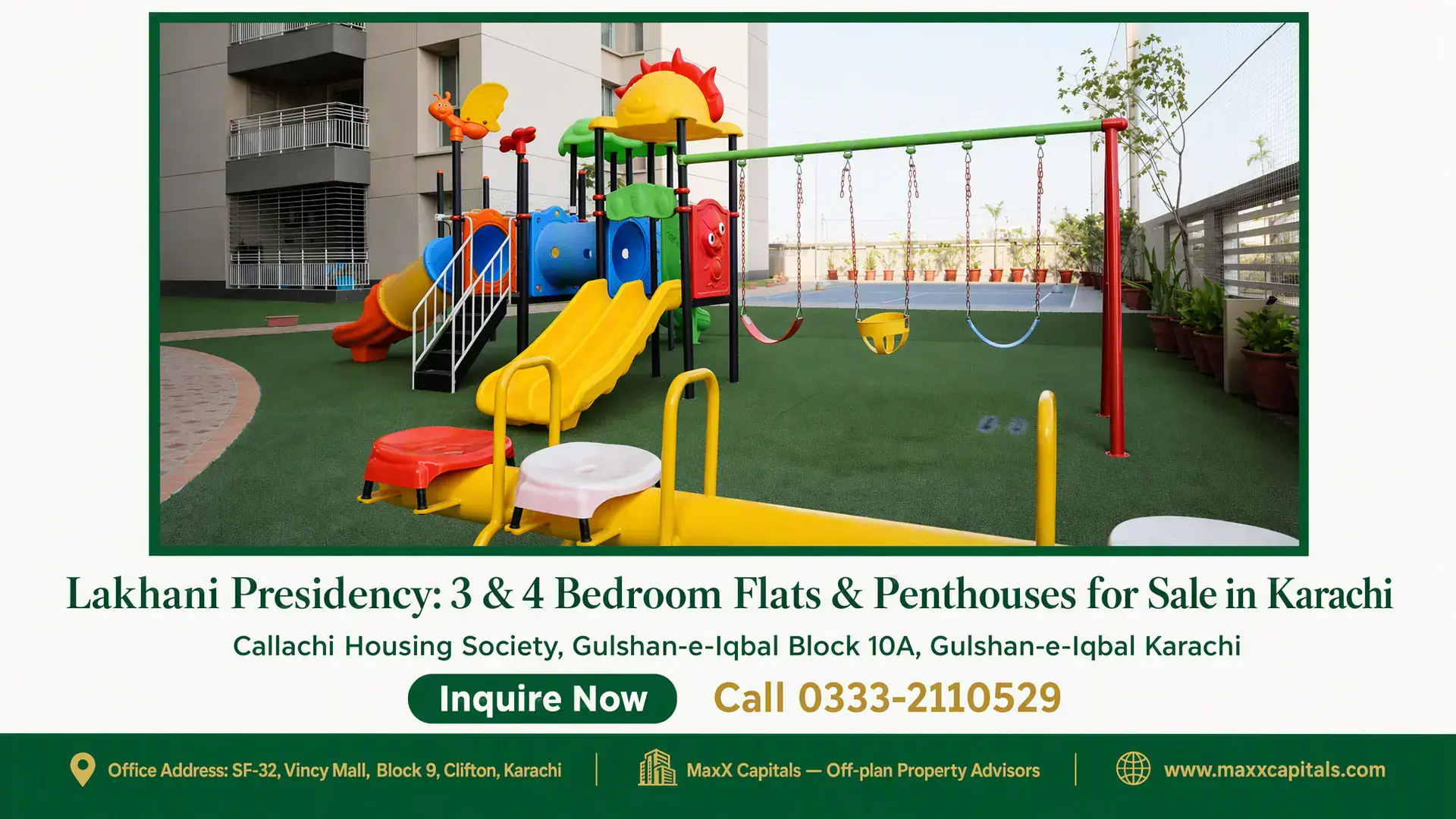 Lakhani Presidency: 3 & 4 Bedroom Flats & Penthouses for Sale in Karachi Children's play area with vibrant slides, swings, and padded turf at Lakhani Presidency in Karachi.