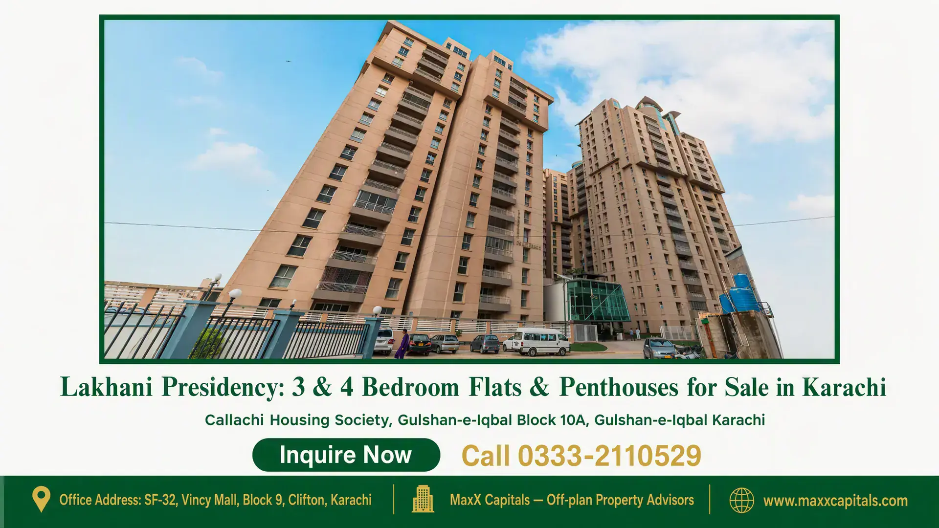 Lakhani Presidency: 3 & 4 Bedroom Flats & Penthouses for Sale in Karachi Lakhani Presidency high-rise residential towers with modern architecture in Gulshan-e-Iqbal, Karachi.