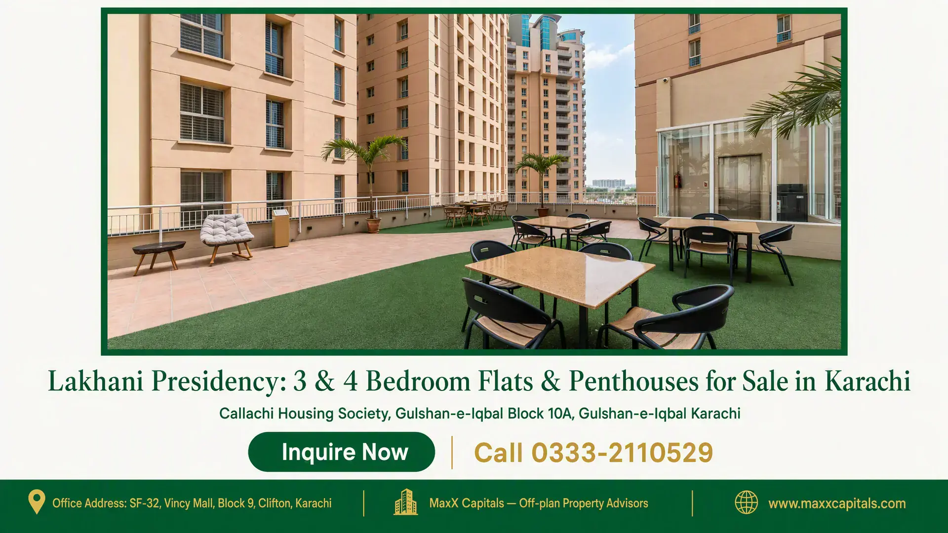 Lakhani Presidency: 3 & 4 Bedroom Flats & Penthouses for Sale in Karachi Open-air terrace in Lakhani Presidency featuring tiled flooring, green turf, modern chairs, and beige residential towers in K