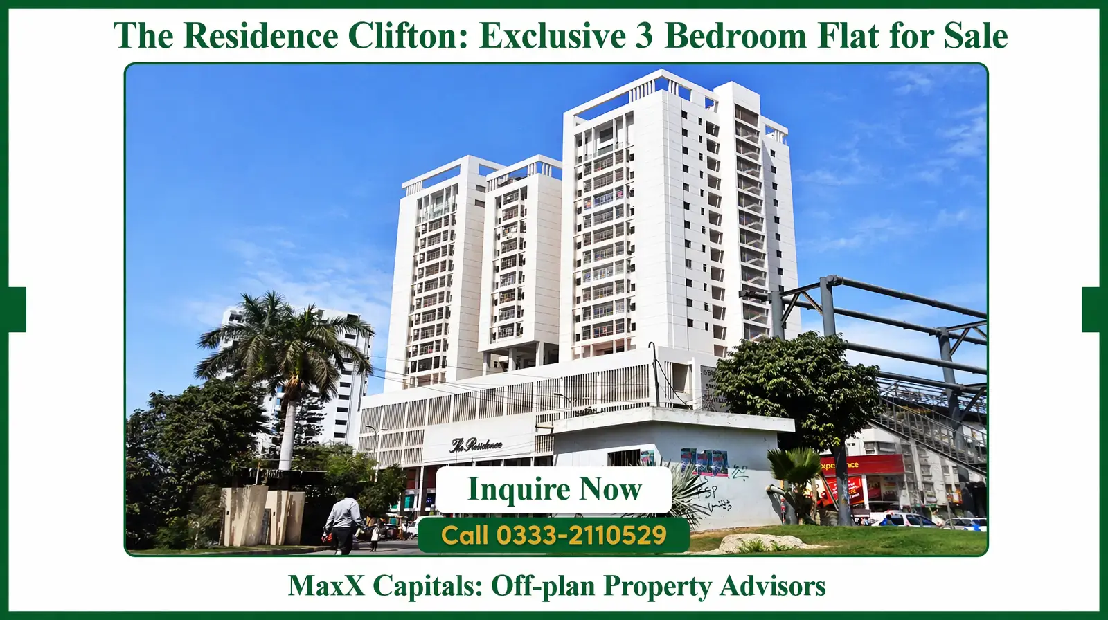 Luxury 3 Bed Flat for Sale in The Residence Tower Clifton The Residence Clifton high-rise tower exterior with landscaped frontage and blue sky