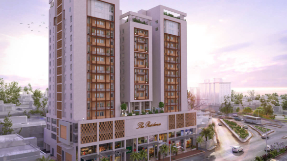 Modern Twin Towers Of The Residence In Clifton, Beige Facades With Glass Windows, Palm Trees, Landscaped Base, And City Skyli
