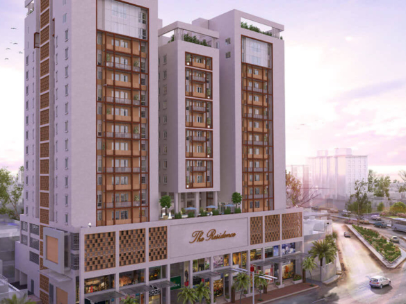 Modern Twin Towers Of The Residence In Clifton, Beige Facades With Glass Windows, Palm Trees, Landscaped Base, And City Skyli