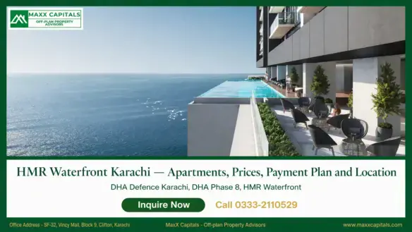 Luxury HMR Waterfront Karachi apartment terrace with sea-view pool and outdoor seating