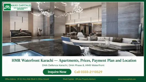 Luxury apartment lobby interior at HMR Waterfront Karachi, with reception, lounge seating, and modern finishes