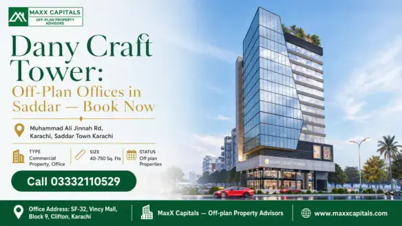 Dany Craft Tower, A Modern Glass-And-Steel Office Building In Saddar, Karachi, Surrounded By Greenery And Urban Infrastructur