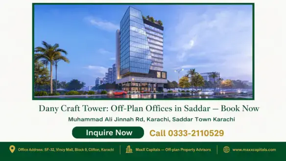 Modern multi-story Dany Craft Tower featuring a sleek glass façade, surrounded by greenery and cityscape, in Saddar, Karachi