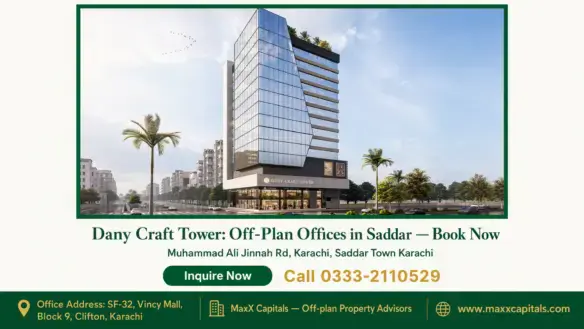 Modern glass-fronted Dany Craft Tower, a high-rise commercial building with landscaped surroundings on a sunny day.